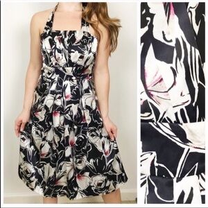WHBM Floral Retro Pin Up 100% Silk Halter Dress 2 Square Neck Event Wedding
